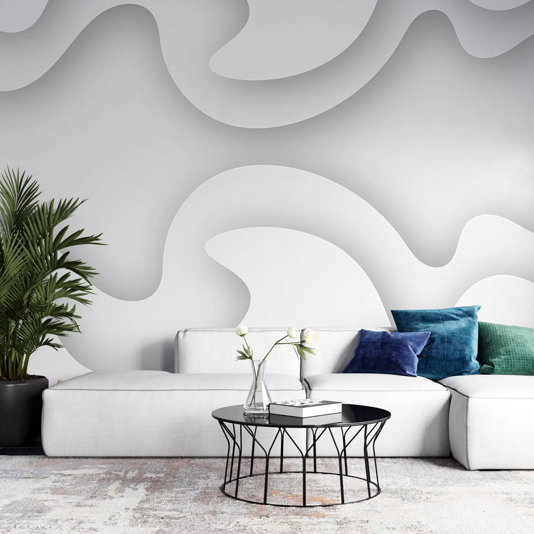 Tapet personalizat 3d cu design abstract in nuante de alb si umbre gri white frequency