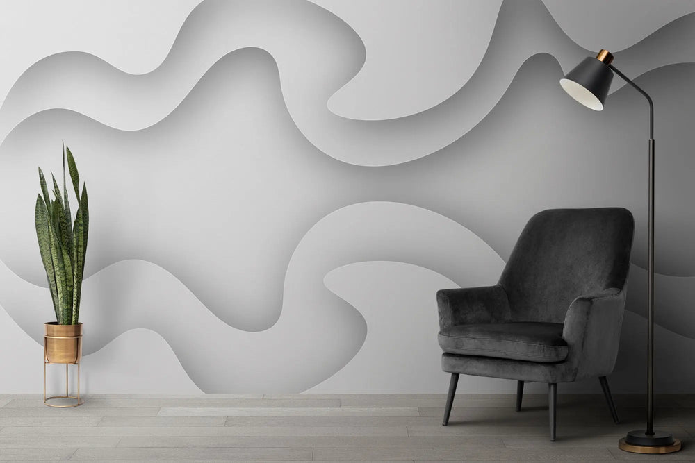 Tapet personalizat 3d cu design abstract in nuante de alb si umbre gri white frequency