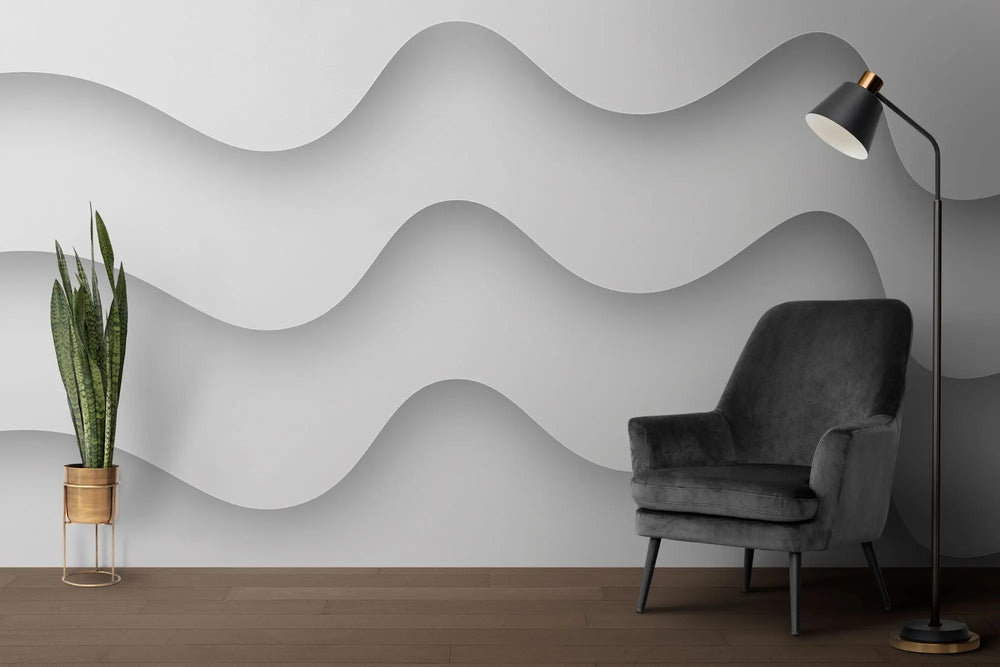 Tapet personalizat 3d cu forme abstracte albe si umbre cu efect 3d white waves