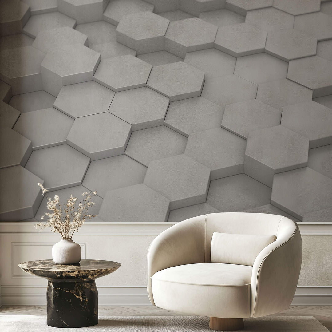 Tapet Personalizat 3D cu hexagoane iesite in relief in nuante de alb-gri - ANGLE GREY HEX