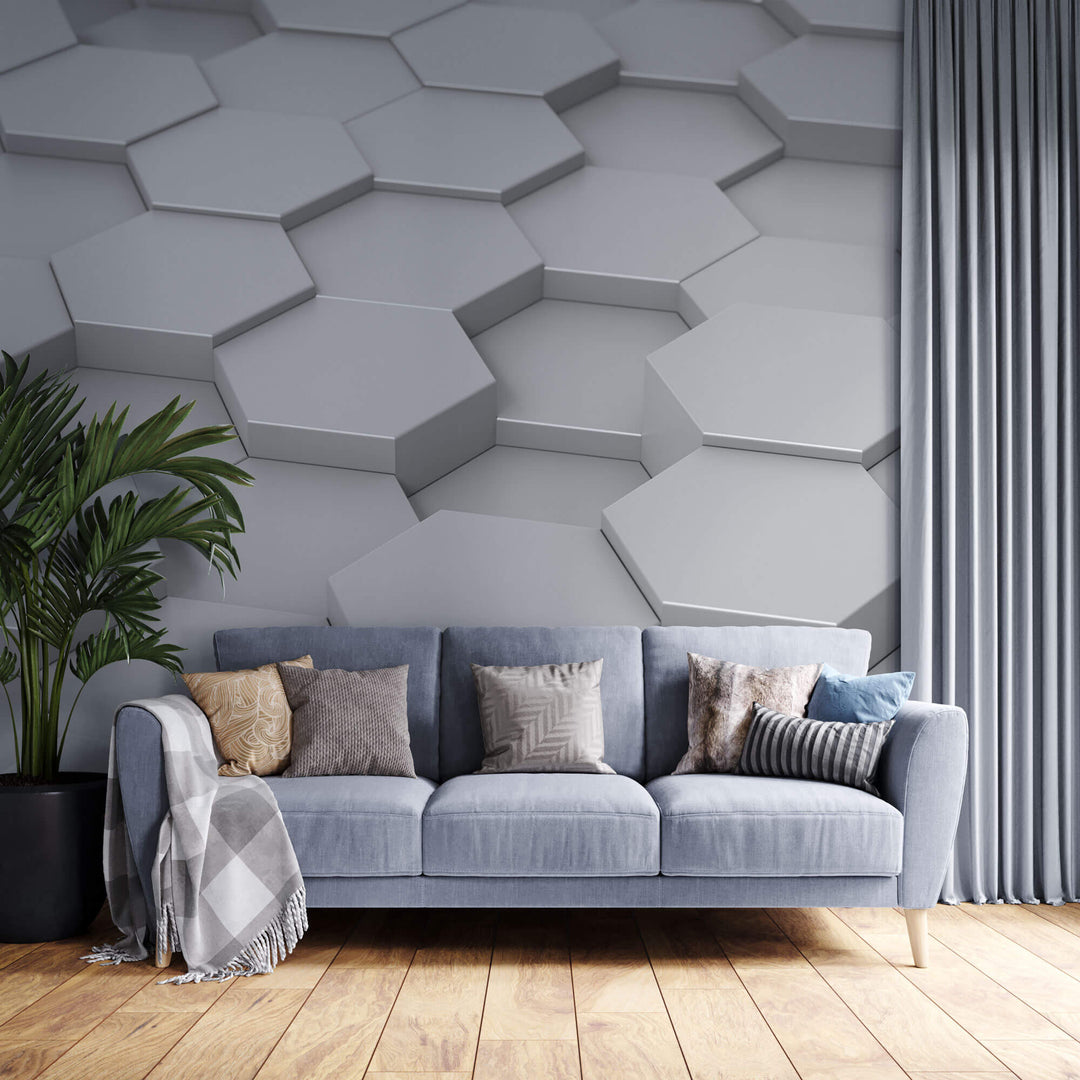 Tapet Personalizat 3D cu hexagoane iesite in relief in nuante de alb-gri vazute din apropiere - CLOSE UP HEX