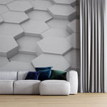 Tapet Personalizat 3D cu hexagoane iesite in relief in nuante de alb-gri vazute din apropiere - CLOSE UP HEX