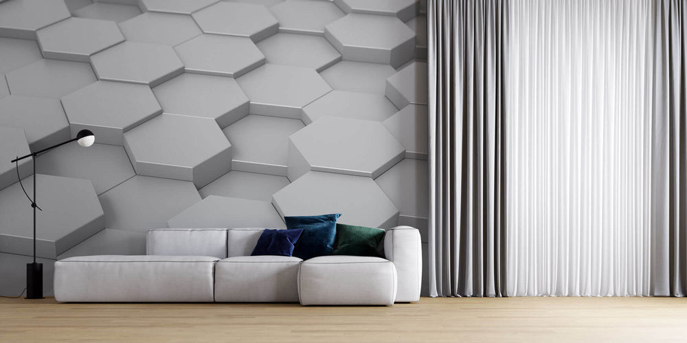 Tapet Personalizat 3D cu hexagoane iesite in relief in nuante de alb-gri vazute din apropiere - CLOSE UP HEX