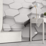 Tapet Personalizat 3D cu hexagoane iesite in relief in nuante de alb-gri vazute din apropiere - CLOSE UP HEX