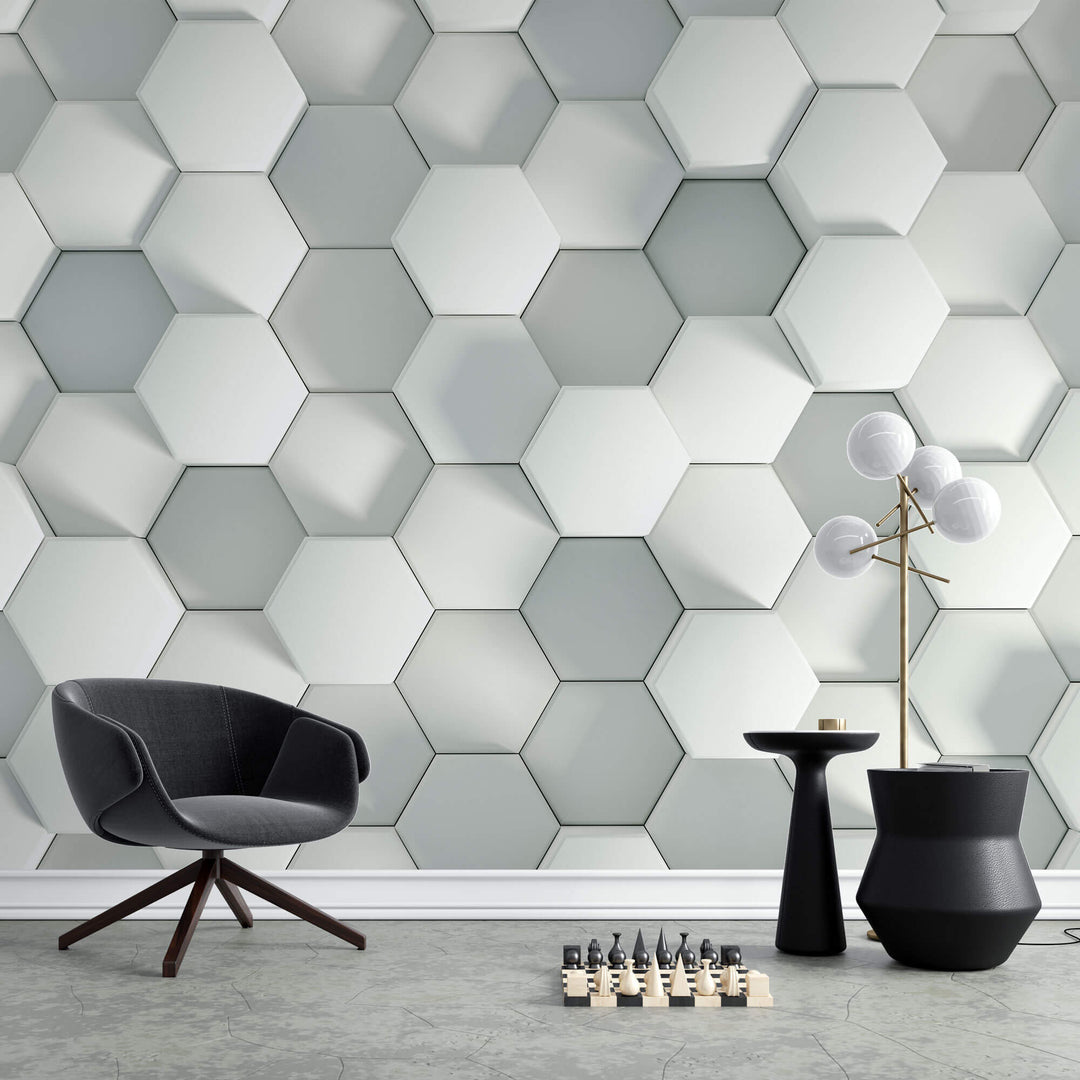 Tapet Personalizat 3D cu hexagoane albe iesite in relief cu efect de lumina si umbra - SHADOW HEXAGONS