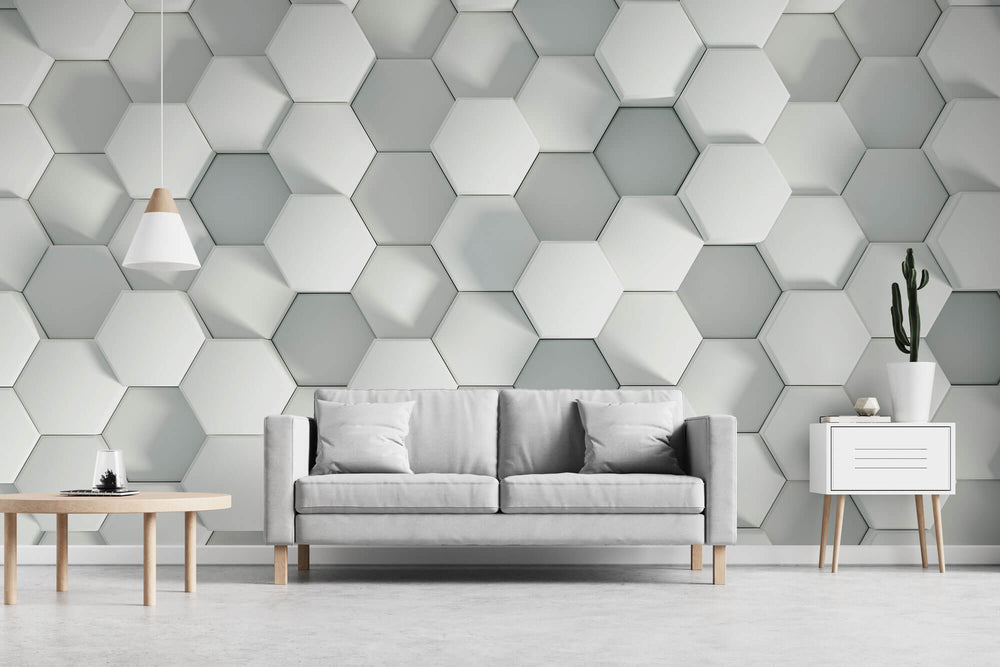 Tapet Personalizat 3D cu hexagoane albe iesite in relief cu efect de lumina si umbra - SHADOW HEXAGONS
