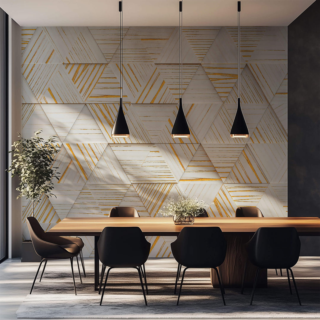 Tapet Personalizat 3D cu triunghiuri din lemn albe cu insertii aurii iesite in relief - WOODEN TRIANGLES