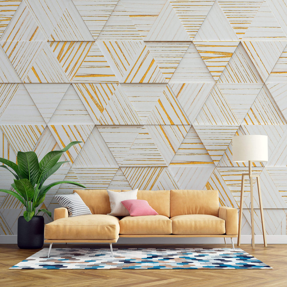 Tapet Personalizat 3D cu triunghiuri din lemn albe cu insertii aurii iesite in relief - WOODEN TRIANGLES