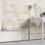 Tapet Personalizat 3D cu triunghiuri din lemn albe cu insertii aurii iesite in relief - WOODEN TRIANGLES