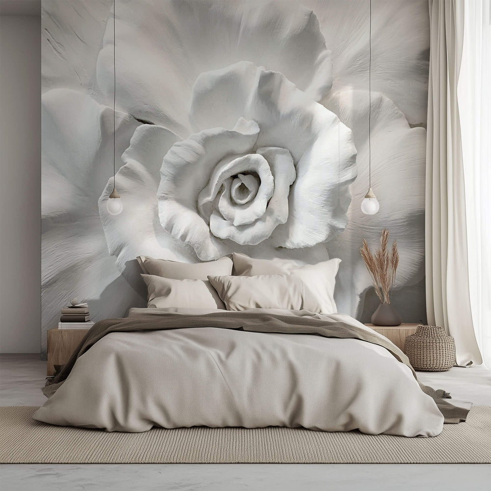 Tapet Personalizat 3D cu o floare din ipsos alb in relief - 3D PLASTER ROSE