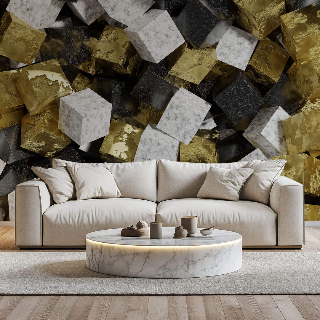 Tapet Personalizat 3D cu cuburi mici de marmura alba neagra si aur - GOLDEN SUGAR