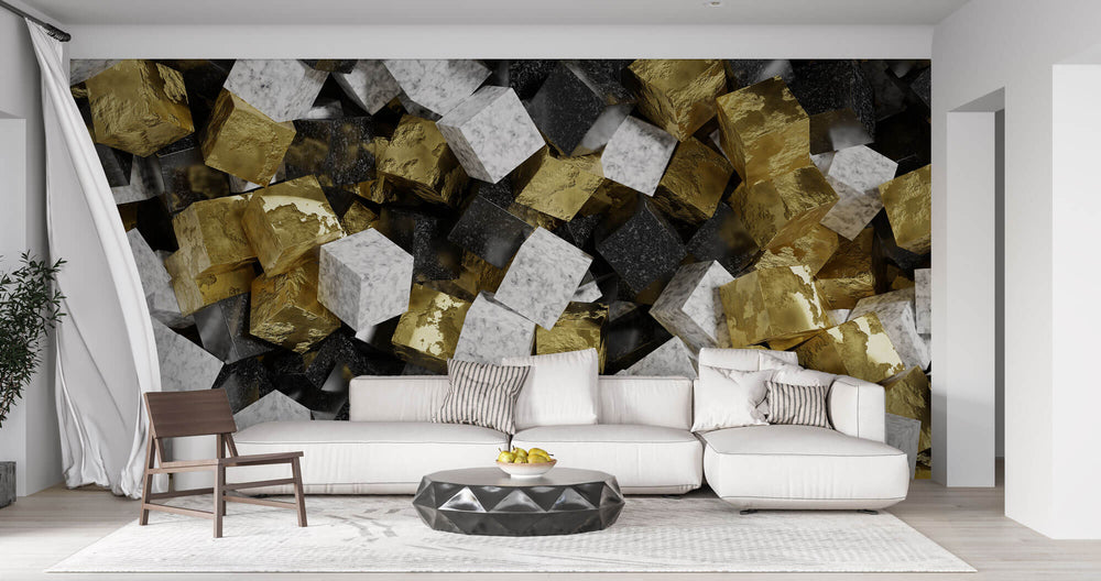 Tapet Personalizat 3D cu cuburi mici de marmura alba neagra si aur - GOLDEN SUGAR