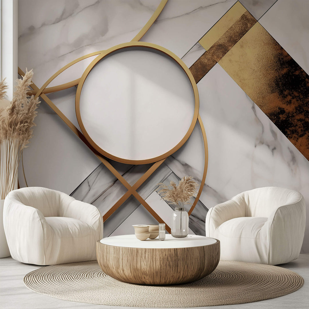 Tapet Personalizat 3D cu inele aurii si marmura alba - GOLD METALIC MARBLE