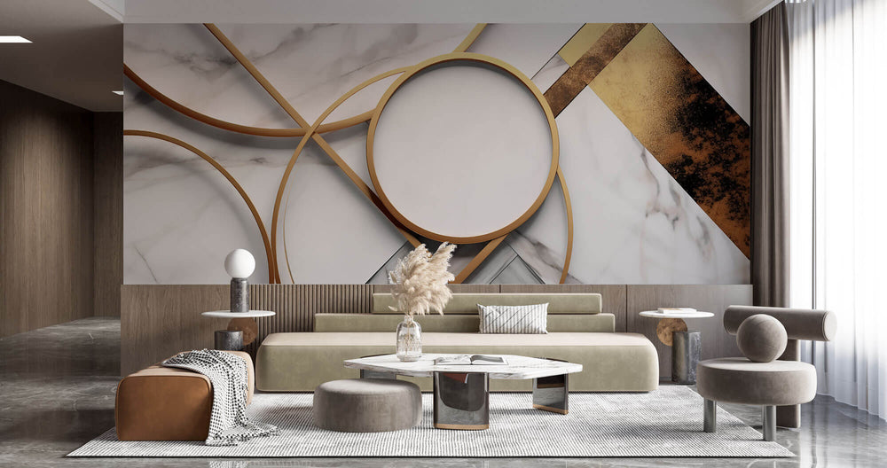 Tapet Personalizat 3D cu inele aurii si marmura alba - GOLD METALIC MARBLE