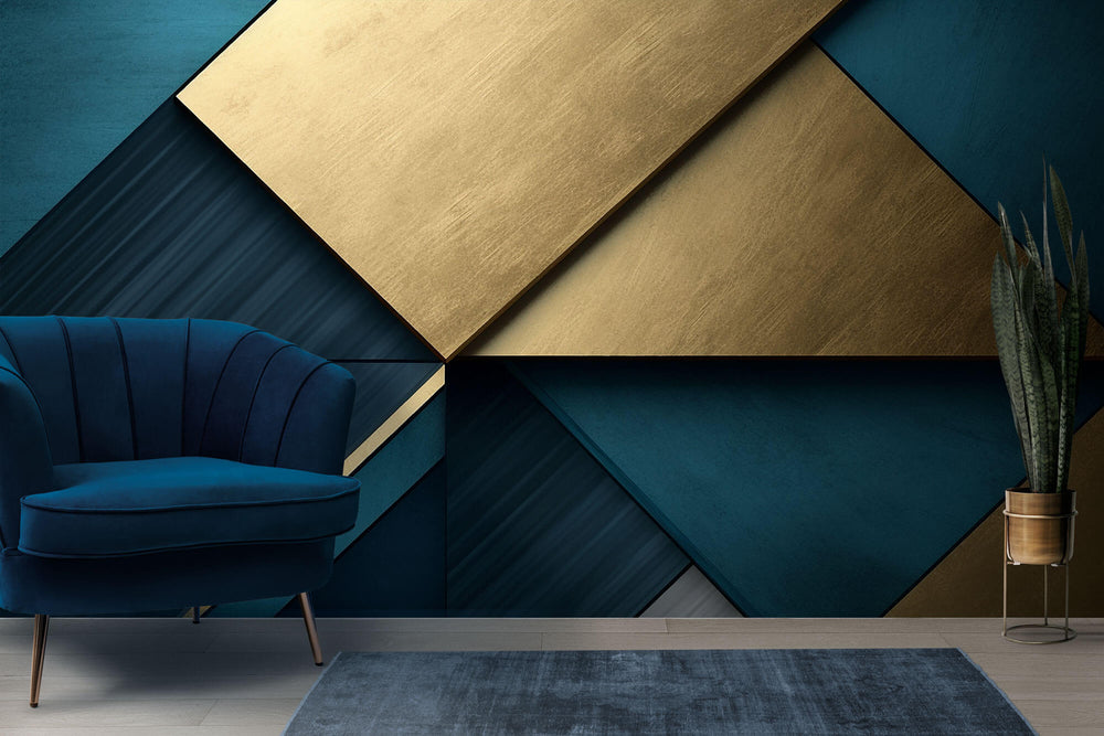 Tapet Personalizat 3D cu un panou turcoaz si auriu cu efect 3D - TURQUOISE PANNELING