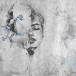 Tapet personalizat watercolor cu figura feminina cu floare in par si accente de albastru baby blue pe un fundal gri baby blue dame