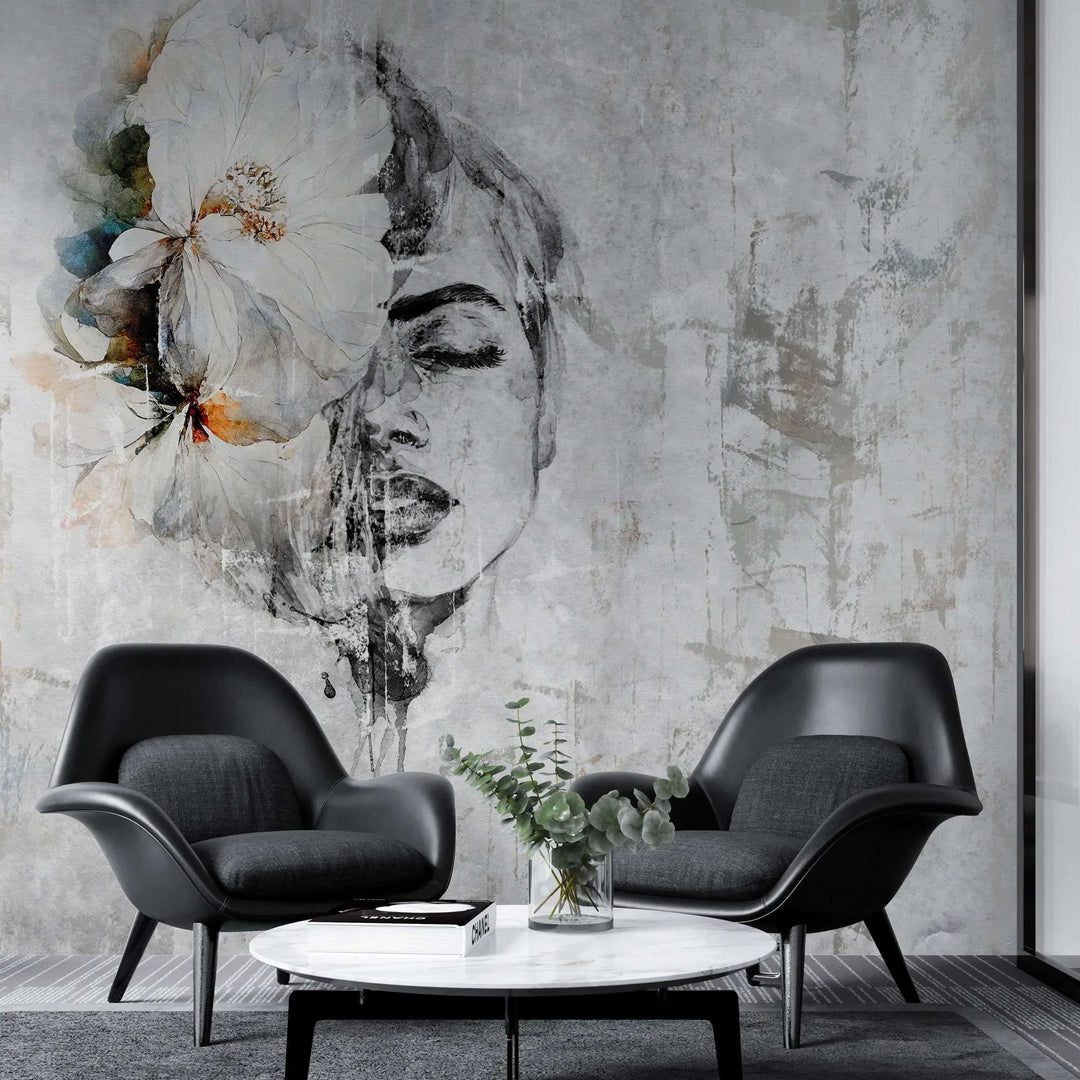 Tapet personalizat watercolor cu figura feminina cu floare in par si accente de portocaliu si albastru pe un fundal gri orange dame