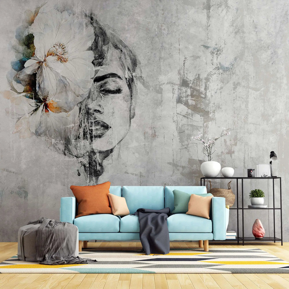 Tapet personalizat watercolor cu figura feminina cu floare in par si accente de portocaliu si albastru pe un fundal gri orange dame