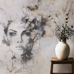 Tapet personalizat watercolor cu design feminin pictat artistic in nuante de gri si accente aurii beautiful estetic