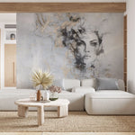 Tapet personalizat watercolor cu design feminin pictat artistic in nuante de gri si accente aurii beautiful estetic