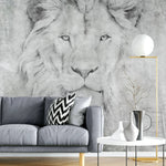Tapet personalizat watercolor cu leu printre frunze in nuante de gri lion's art