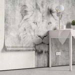 Tapet personalizat watercolor cu leu printre frunze in nuante de gri lion's art