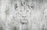 Tapet personalizat watercolor cu leu printre frunze in nuante de gri lion's art
