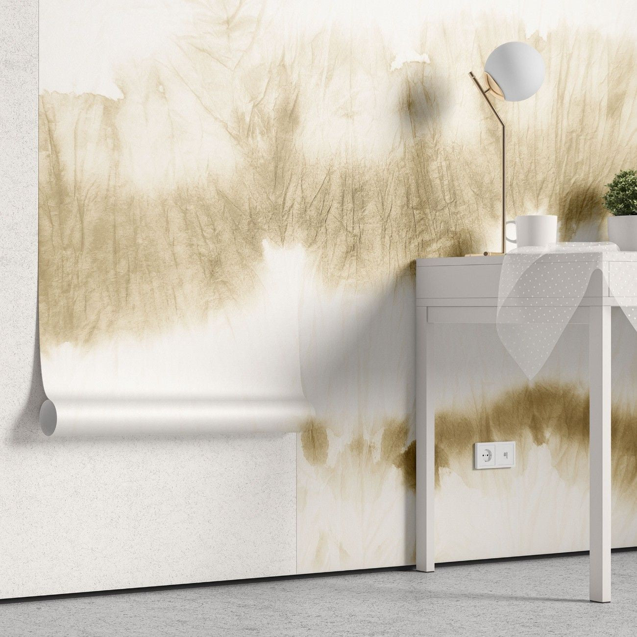 tapet personalizat watercolor cu design minimalist in stil papier mache cu efect de hartie creponata in nuante de bej