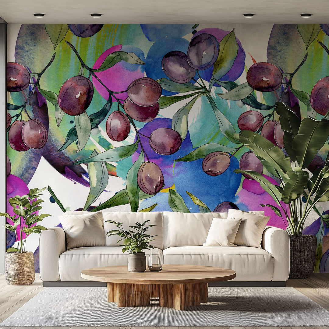 Tapet Personalizat Watercolor cu prune coapte si fundal viu colorat - WATERCOLOR PLUMS