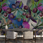 Tapet Personalizat Watercolor cu prune coapte si fundal viu colorat - WATERCOLOR PLUMS
