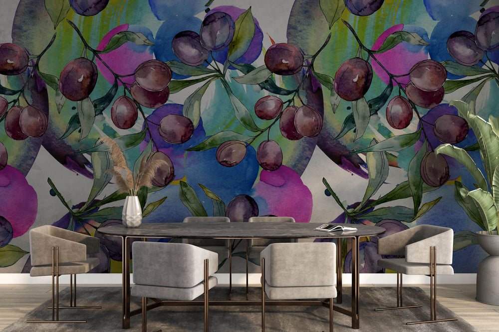 Tapet Personalizat Watercolor cu prune coapte si fundal viu colorat - WATERCOLOR PLUMS