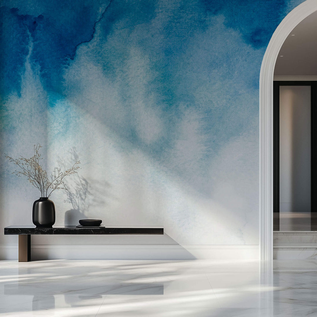 Tapet Personalizat Watercolor in nuanta de albastru pe fundal texturat - BLUE WET INK