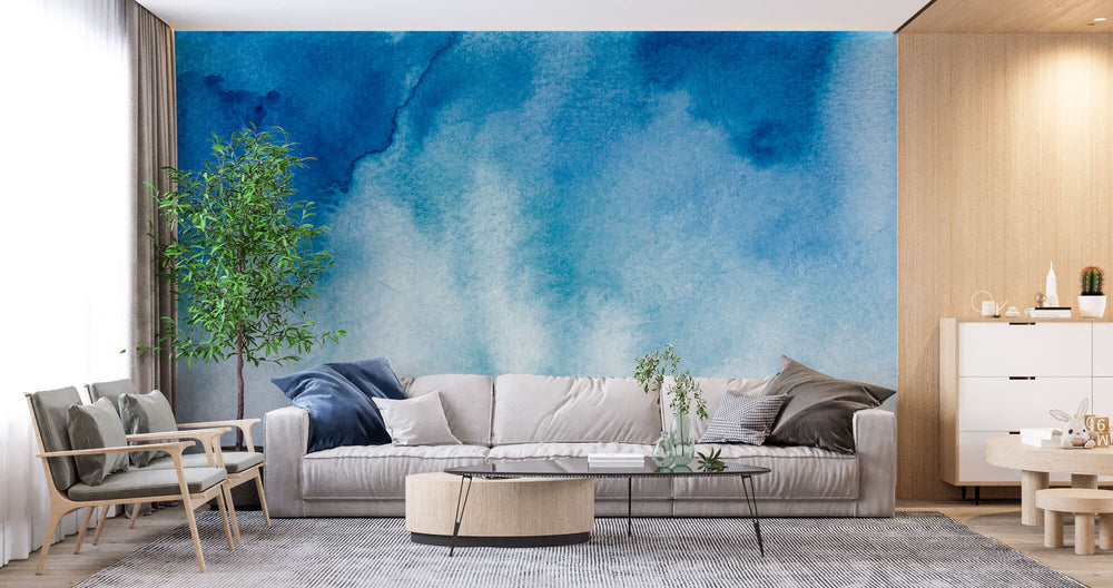 Tapet Personalizat Watercolor in nuanta de albastru pe fundal texturat - BLUE WET INK