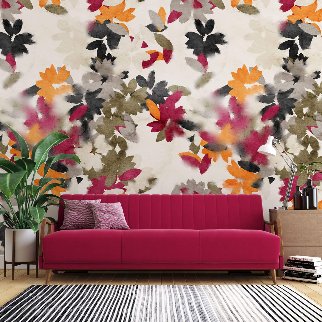 Tapet Personalizat Watercolor cu flori in nuante vii de portocaliu roz si verde kaki - PINK WATERCOLOR FLOWERS