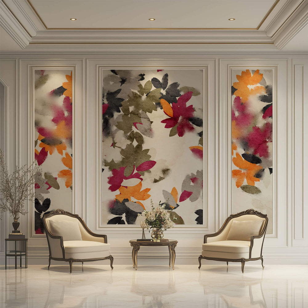 Tapet Personalizat Watercolor cu flori in nuante vii de portocaliu roz si verde kaki - PINK WATERCOLOR FLOWERS