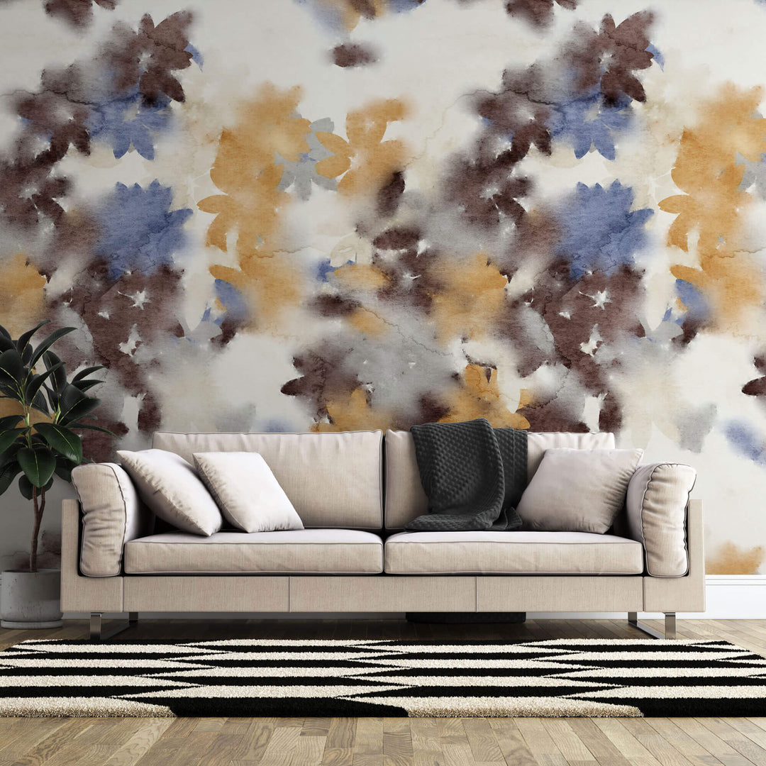 Tapet Personalizat Watercolor cu flori in nuante fade maronii si albastre - BLUE WATERCOLOR FLOWERS