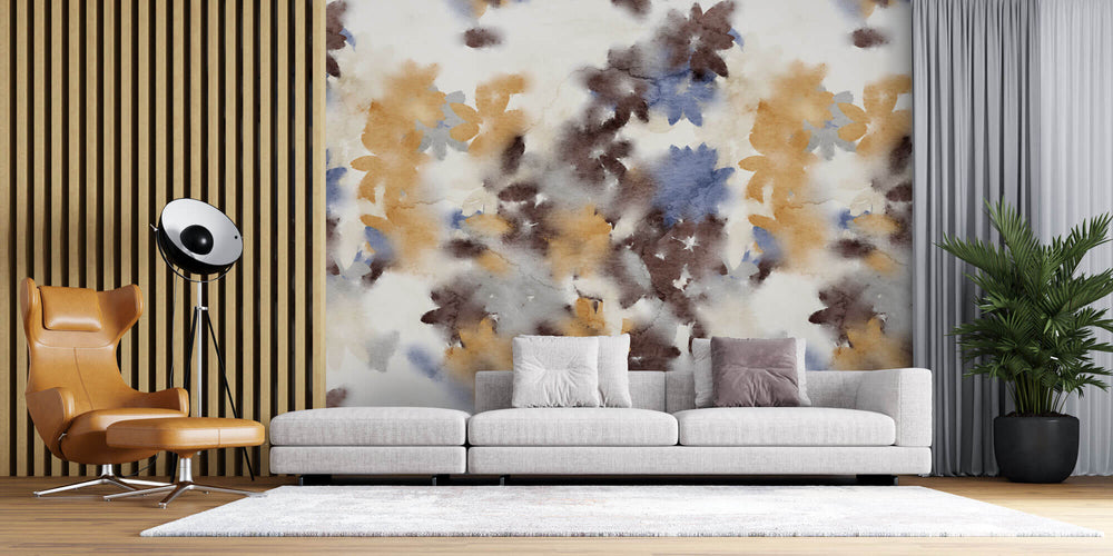 Tapet Personalizat Watercolor cu flori in nuante fade maronii si albastre - BLUE WATERCOLOR FLOWERS