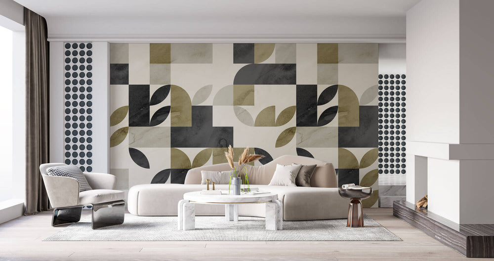 Tapet Personalizat Watercolor cu model abstract de frunze in nunante verde kaki - KHAKI WATERCOLOR LEAVES