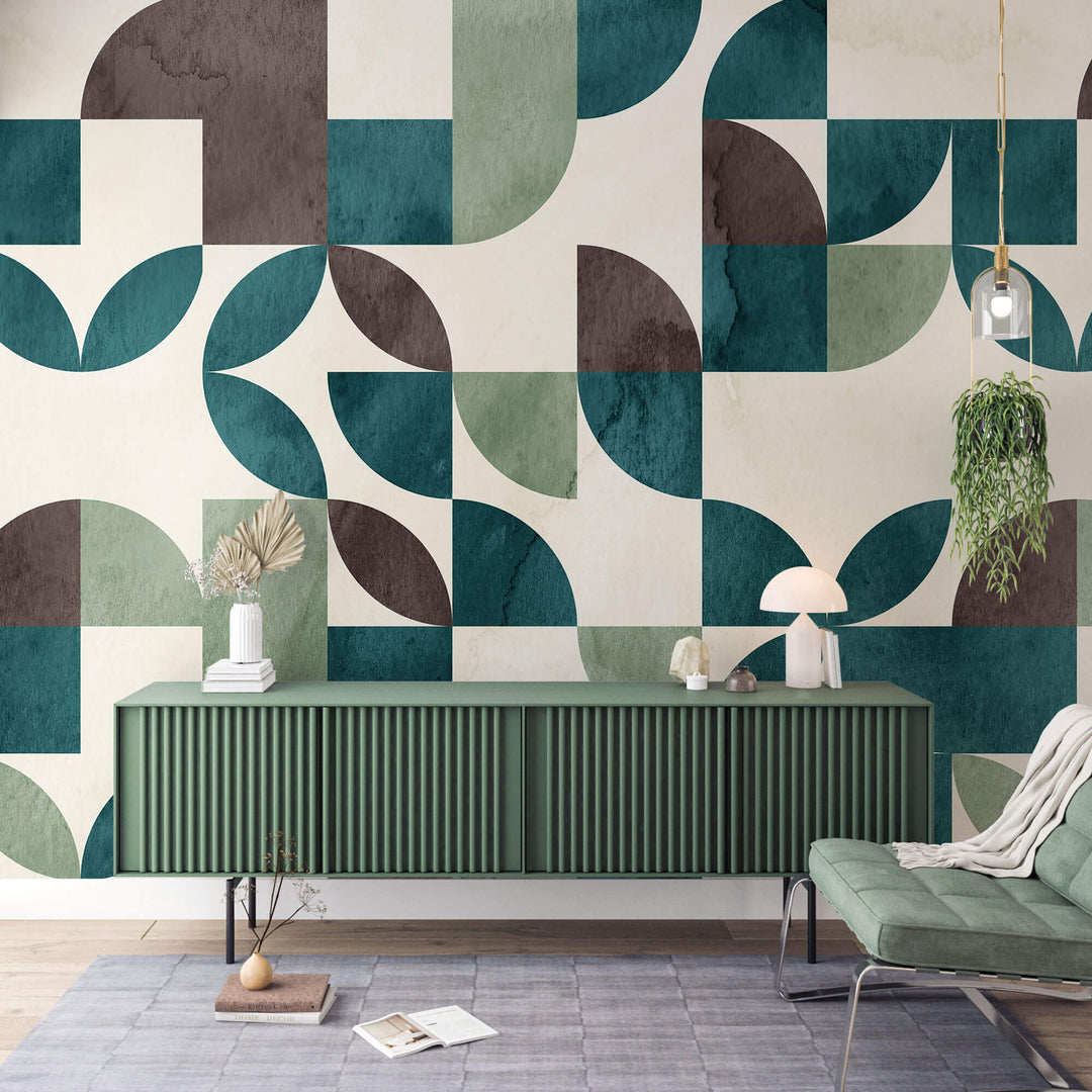 Tapet Personalizat Watercolor cu model abstract de frunze in nunante turcoaz si maro - TURQUOISE WATERCOLOR LEAVES