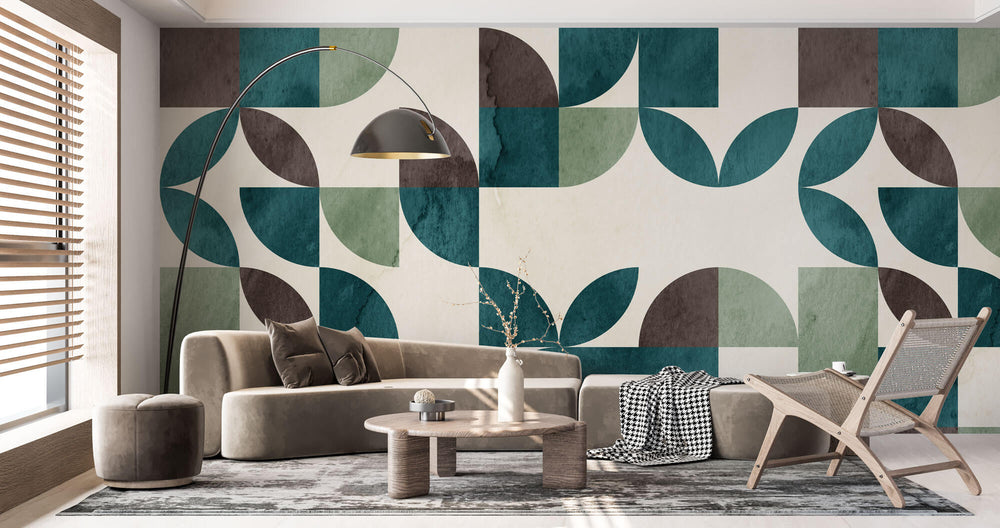 Tapet Personalizat Watercolor cu model abstract de frunze in nunante turcoaz si maro - TURQUOISE WATERCOLOR LEAVES