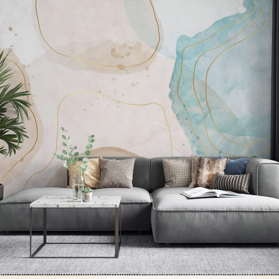 Tapet Personalizat Watercolor cu pictura abstracta in nuante rozalii si albastru deschis - MEDITERRANEAN COFFEE