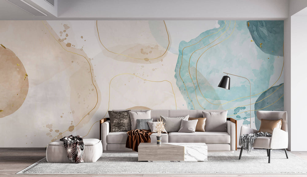 Tapet Personalizat Watercolor cu pictura abstracta in nuante rozalii si albastru deschis - MEDITERRANEAN COFFEE