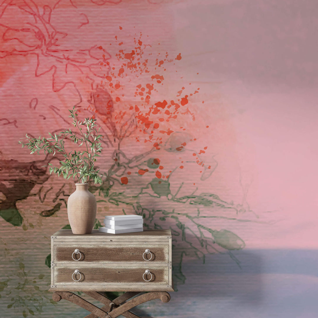 Tapet Personalizat Watercolor cu model floral in nuante de rozaliu si verde - CRIMSON FILTER