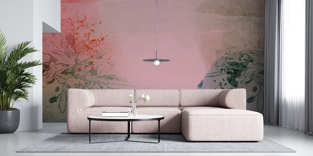 Tapet Personalizat Watercolor cu model floral in nuante de rozaliu si verde - CRIMSON FILTER