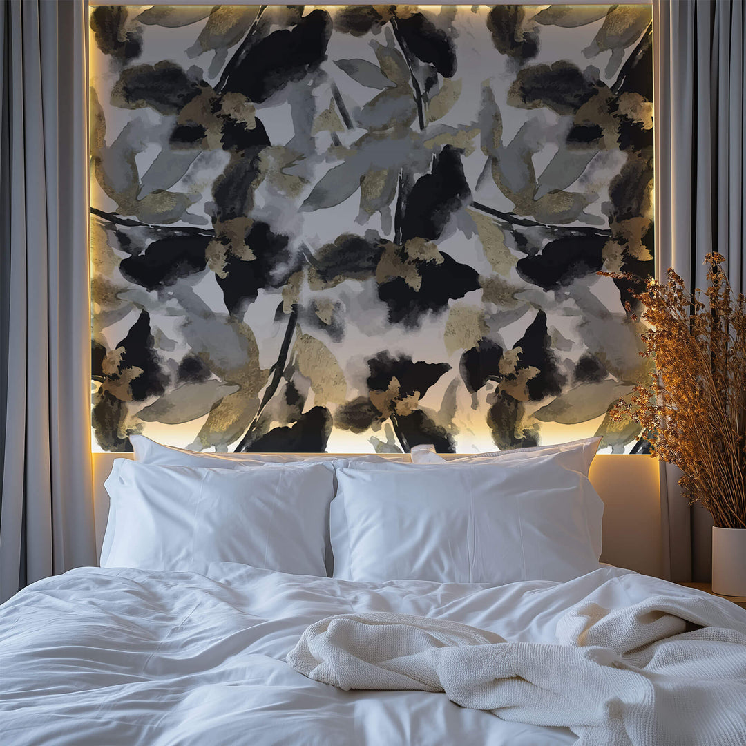 Tapet Personalizat Watercolor cu frunze abstracte in nuante de negru si auriu - BLACK WATERCOLOR FLOWERS