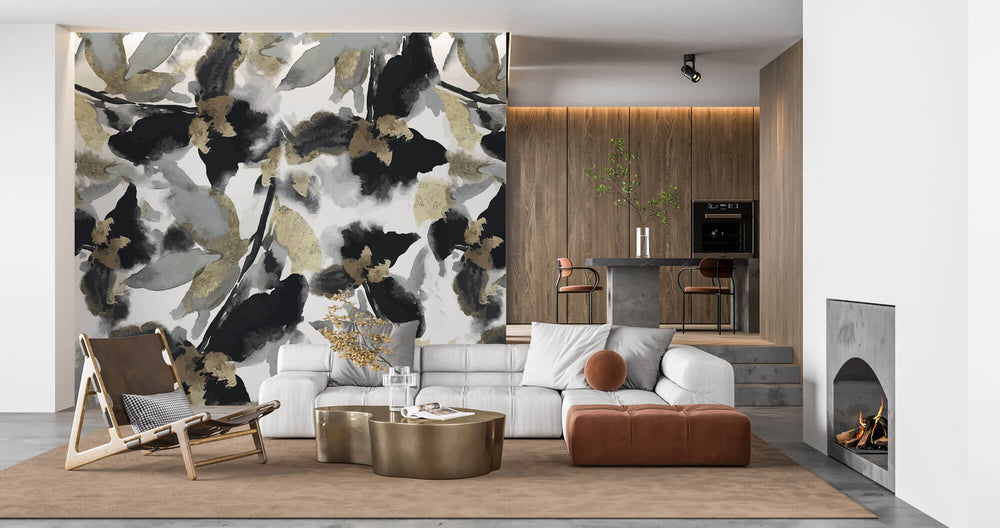 Tapet Personalizat Watercolor cu frunze abstracte in nuante de negru si auriu - BLACK WATERCOLOR FLOWERS