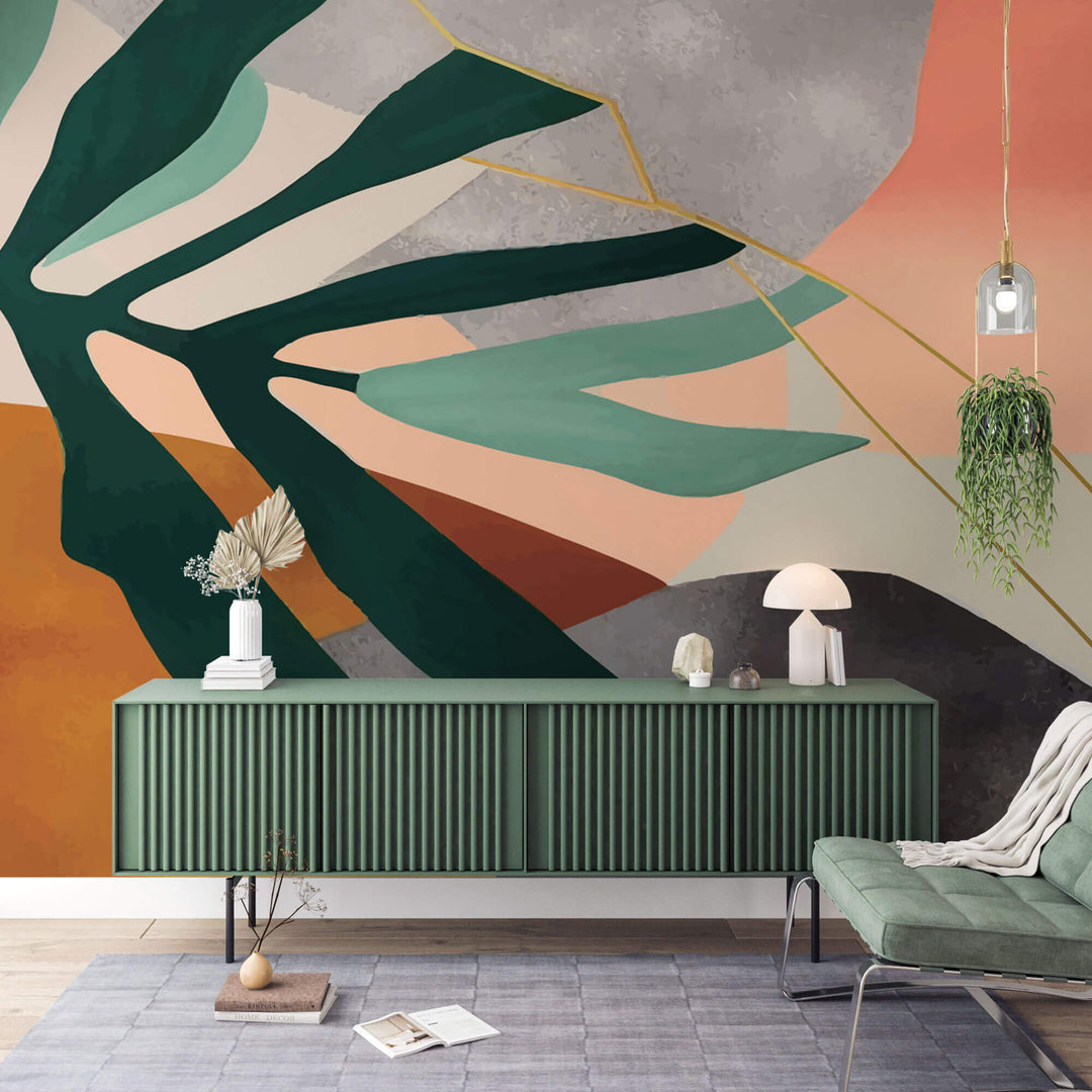 Tapet Personalizat Watercolor cu frunza de palmier si elemente abstracte - ACCENT COLOR LEAF