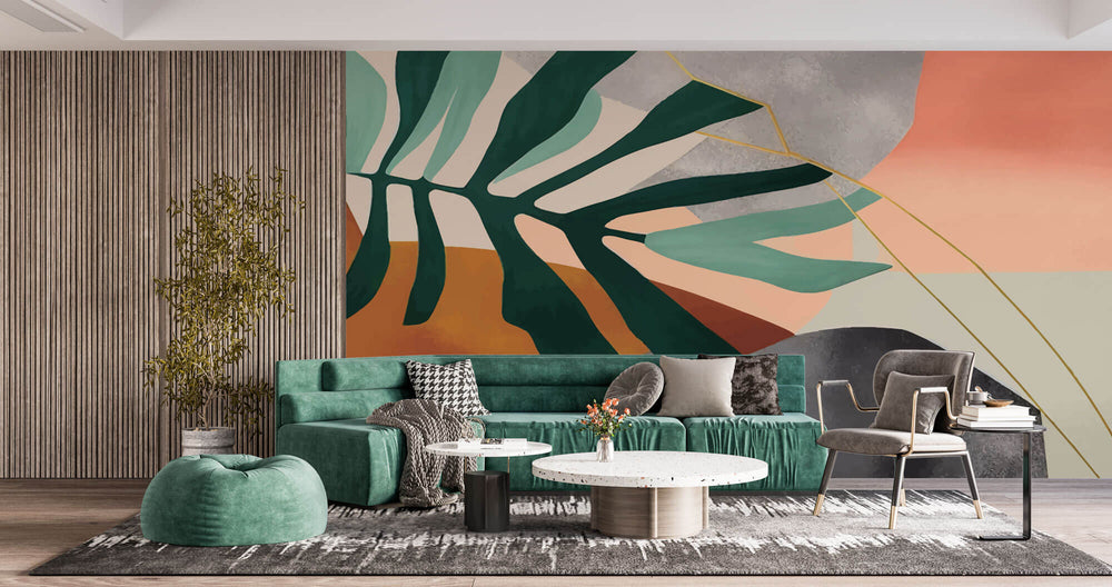 Tapet Personalizat Watercolor cu frunza de palmier si elemente abstracte - ACCENT COLOR LEAF