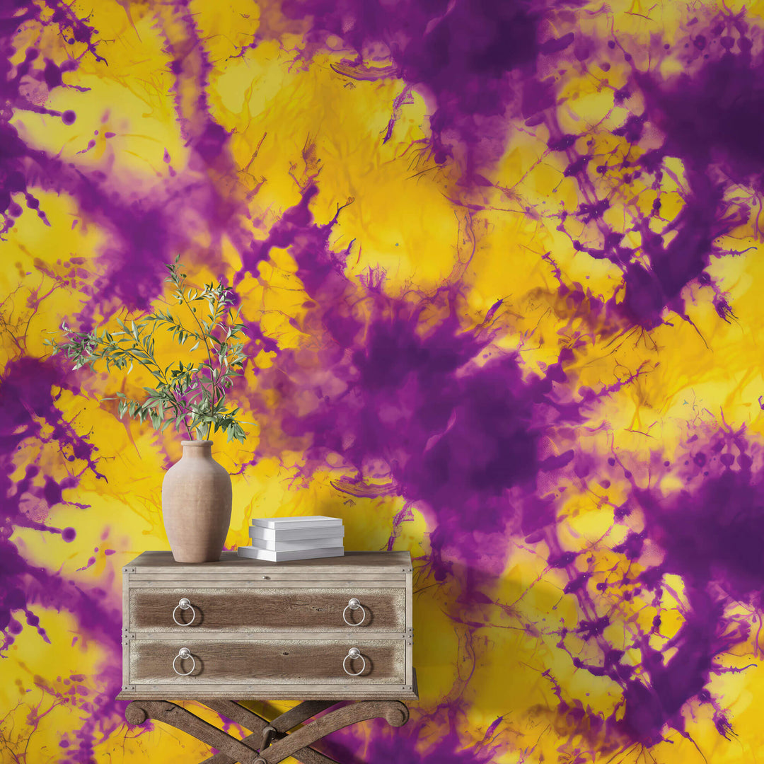 Tapet Personalizat Watercolor in nuante vivide de galben si mov - PURPLE YELLOW DYE