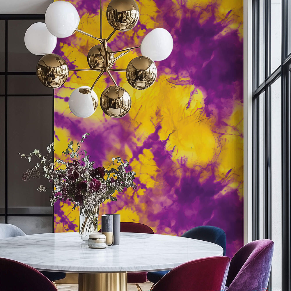 Tapet Personalizat Watercolor in nuante vivide de galben si mov - PURPLE YELLOW DYE